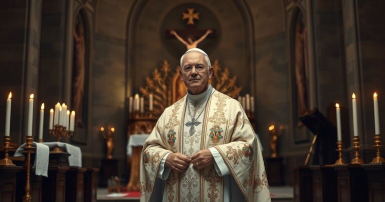 Sędziwy biskup w tradycyjnych szatach liturgicznych w kościele, z krzyżem i świecami, symbolizujący autentyczną władzę Kościoła katolickiego, w realistycznym, pełnym szacunku ujęciu.