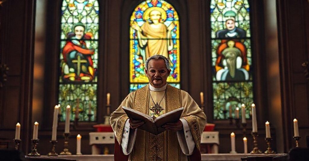 Biskup w tradycyjnej szacie liturgicznej przed ołtarzem w kościele katolickim z witrażem przedstawiającym Chrystusa Króla. Scena jest poważna i nabożna.