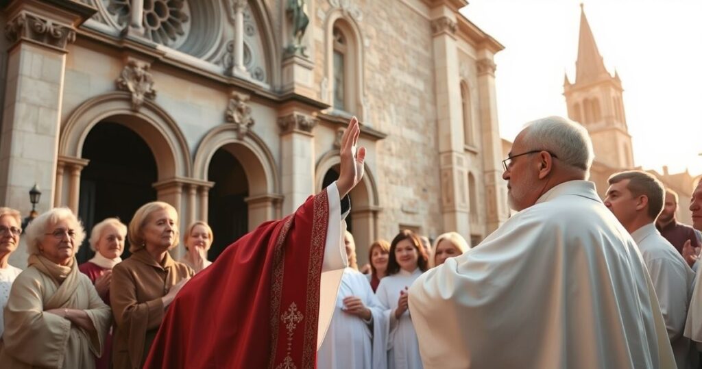 Katolicki ksiądz w tradycyjnych szatach błogosławiący wiernych na zewnątrz kościoła, oddająca atmosferę pobożności i sakralnej powagi.
