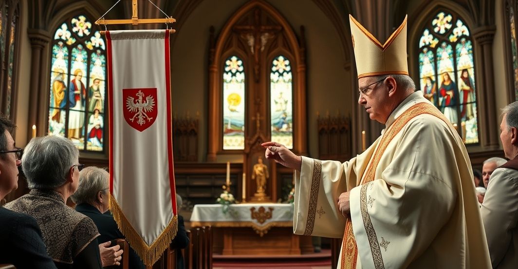 Rewerentny obraz katolickiego kapłana błogosławiącego sztandar patriotyczny w kościele, ukazujący tradycyjne vestmenty i atmosferę liturgii, oddając wierność naukom Kościoła