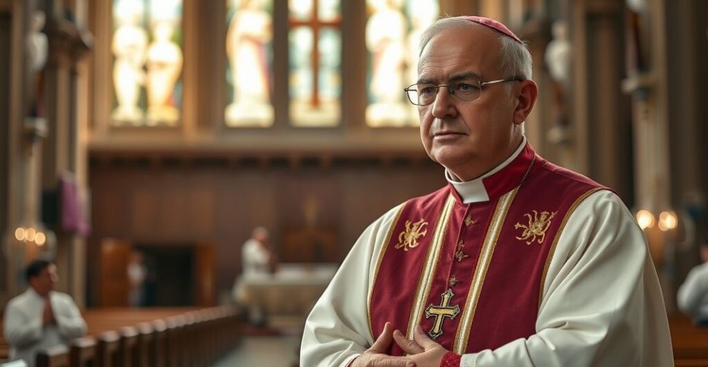 Poważny katolicki duchowny w tradycyjnych sutannach w kościele, wyraz troski i refleksji nad dyskryminacją chrześcijan przez rząd