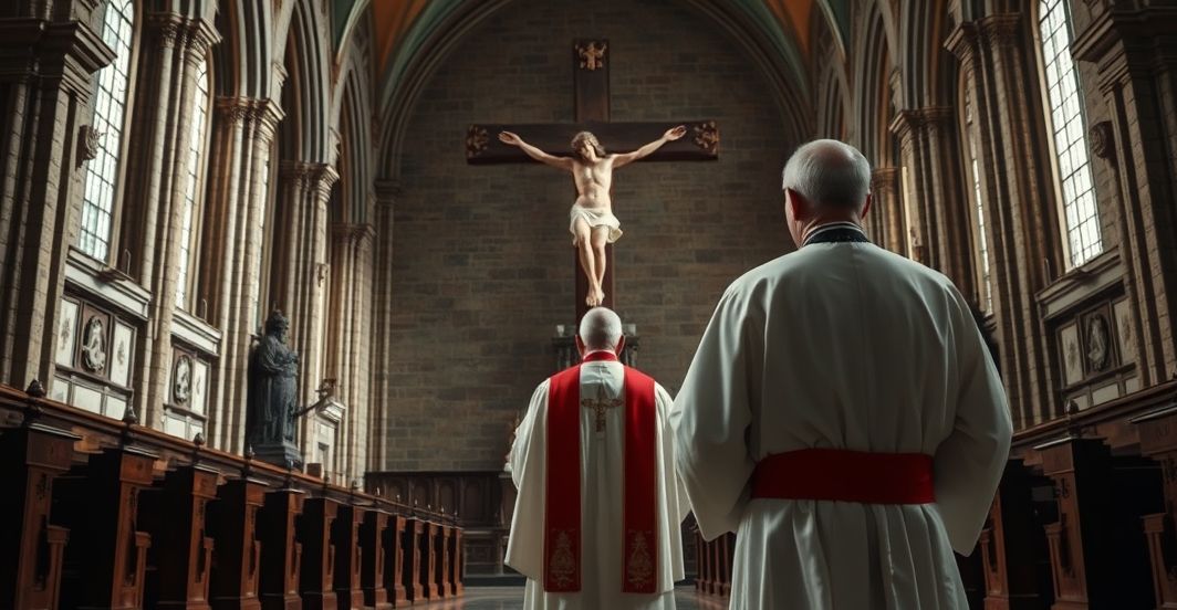 Katolicki duchowny przed krucyfiksem w krytycznym nastroju Duchown katolicki w tradycyjnym stroju, modlący się przed krucyfiksem w starym kościele, wyrażający głęboki smutek i krytykę wobec współczesnych nienawistnych ataków na życie i wiarę