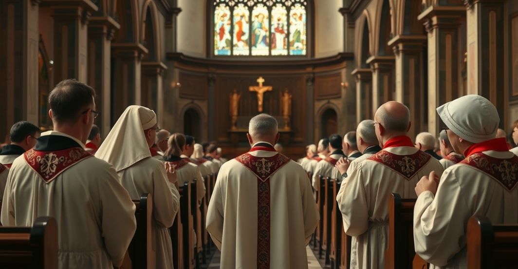 Obraz katolickiego duchownego w tradycyjnym stroju w poważnej, sakralnej scenerii, symbolizujący wierność naukom Kościoła i krytykę modernistycznych tendencji