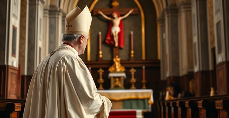 Rewerentny katolicki duchowny w kościele, symbolizujący duchową walkę z modernizmem i odrzuceniem Chrystusa Króla