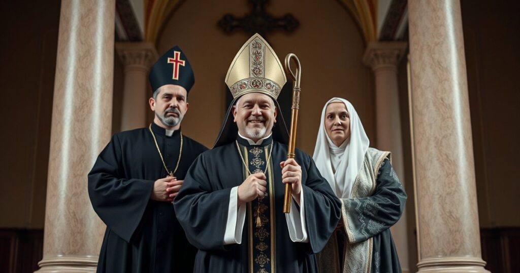 Religijny obraz katolickiego duchownego modlącego się w kościele, symbol obrony moralności wobec nowoczesnych zagrożeń