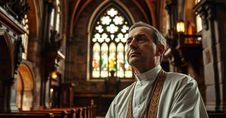 Reverent katolicki ksiądz w liturgicznych szatach, modlący się przed kościołem, symbol wiary i duchowego oporu