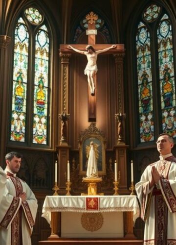 Katolicki duchowny w modlitwie w świątyni z krucyfiksem Katolicki duchowny w tradycyjnych szatach w modlitewnym nastroju w kościele z krucyfiksem na tle, wyraz szacunku i pobożności