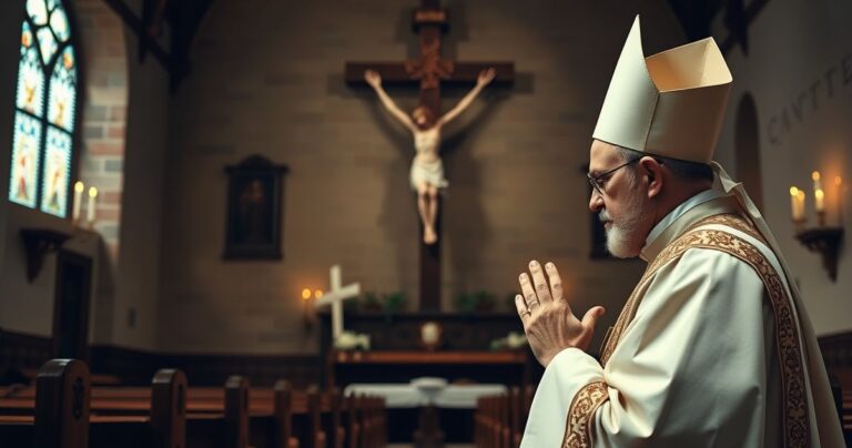 Szczery katolicki duchowny modlący się przed krucyfiksem w skromnym kościele, symbol powagi i głębokiej religijnej refleksji