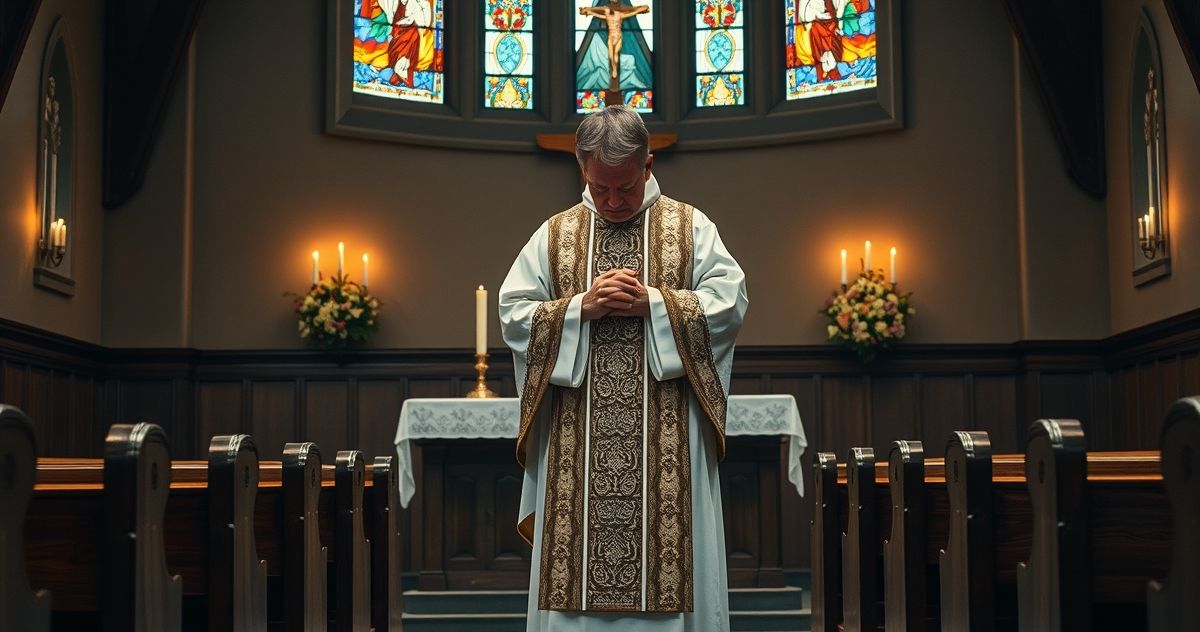 Szczera katolicka scena refleksji nad sprawiedliwością Bożą Kobieta w sutannie i kapłańskie szaty w modlitewnym skupieniu w kościele, symbolizująca katolicką moralność i refleksję nad sprawiedliwością Bożą