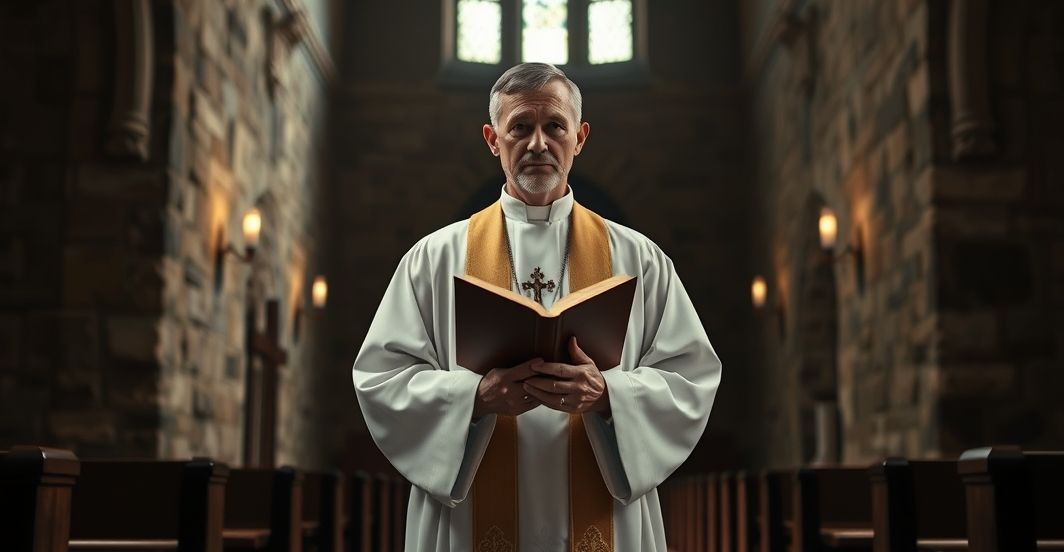 Reverentny katolicki duchowny w tradycyjnej szacie w ciemnej, starej świątyni, oddający cześć tradycyjnym wartościom Kościoła