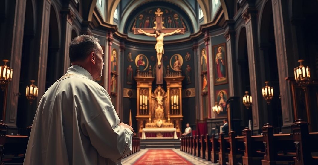 Rewersyjny katolicki duchowny w tradycyjnych szatach podczas modlitwy w świątyni, symbolizujący wierną tradycję Kościoła wobec nowoczesnych zagrożeń