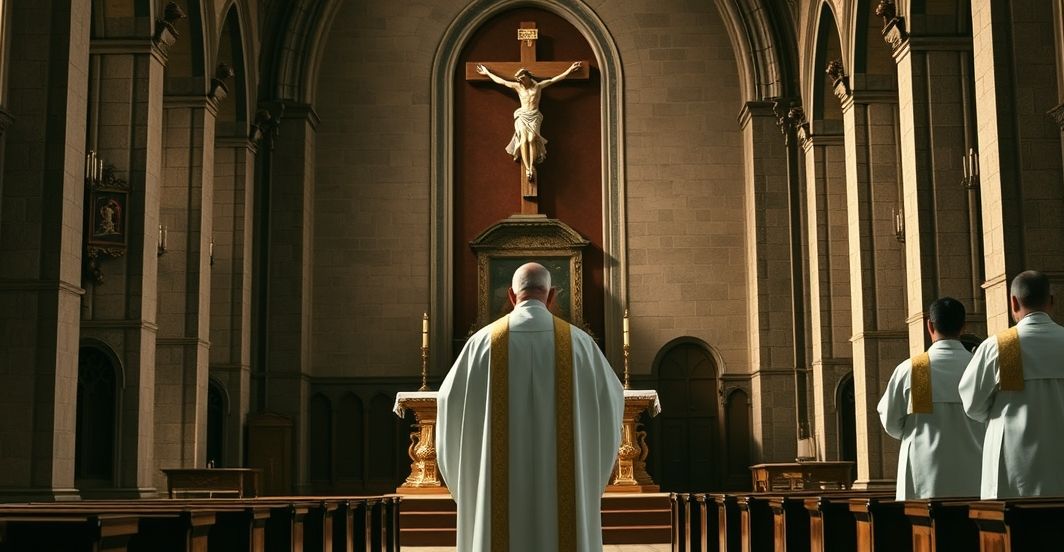 Rewerentny katolicki duchowny w kościele jako symbol prawdziwej wiary Reverendny ksiądz w tradycyjnych szatach przed ołtarzem w historycznym kościele, symbolizujący prawdziwą katolicką wiarę i duchową autentyczność