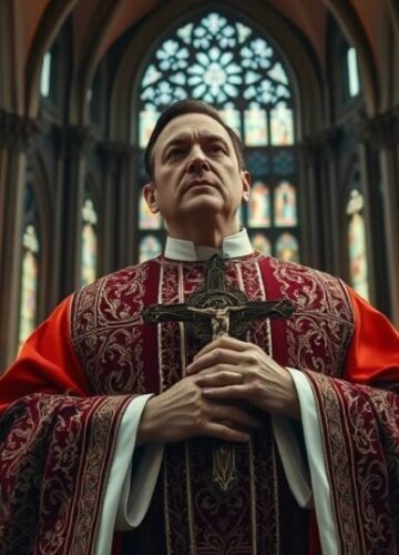 Katolicki kapłan w katedrze podczas kryzysu moralnego i politycznego Kapłan katolicki w liturgicznym stroju, stojący przed ołtarzem w gotyckiej katedrze, symbolizujący wierność wierze wobec kryzysu politycznego i duchowego