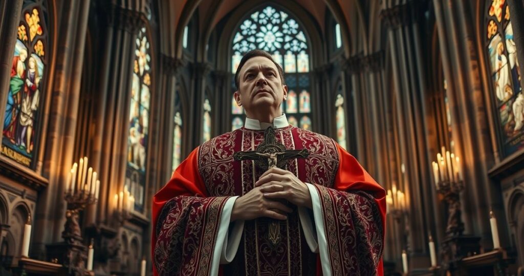Kapłan katolicki w liturgicznym stroju, stojący przed ołtarzem w gotyckiej katedrze, symbolizujący wierność wierze wobec kryzysu politycznego i duchowego