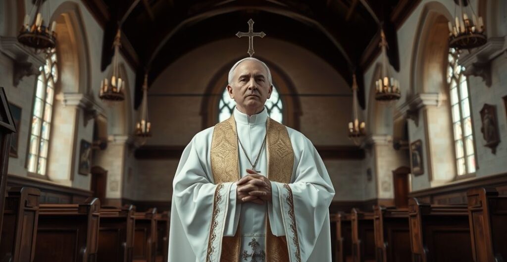 Szczegółowe zdjęcie kościoła katolickiego z kapłanem w vestmentach, przedstawiające powagę i wierność tradycji, refleksyjny klimat na tle konserwatywnych wartości w kontekście krytyki militarystycznych trendów.