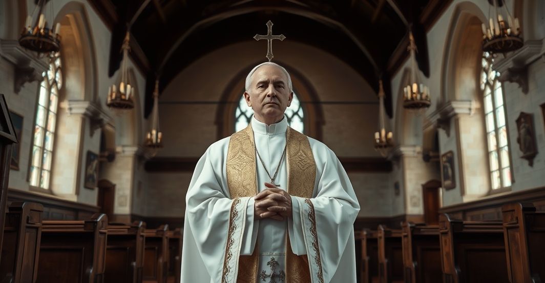 Tradycyjny katolicki kapłan w kościele - refleksja nad pokojem i moralnością Szczegółowe zdjęcie kościoła katolickiego z kapłanem w vestmentach, przedstawiające powagę i wierność tradycji, refleksyjny klimat na tle konserwatywnych wartości w kontekście krytyki militarystycznych trendów.
