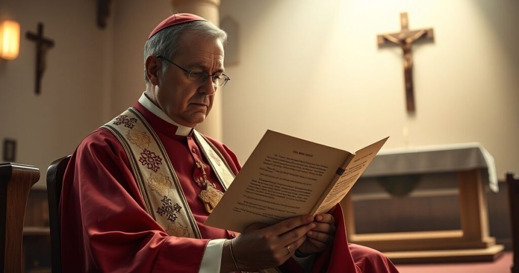 Kapłan w tradycyjnych szatach katolickich czyta poważny list w kościele, symbolizujący krytykę modernistycznych działań papieża i ekumenizmu, z naciskiem na wierność Magisterium.