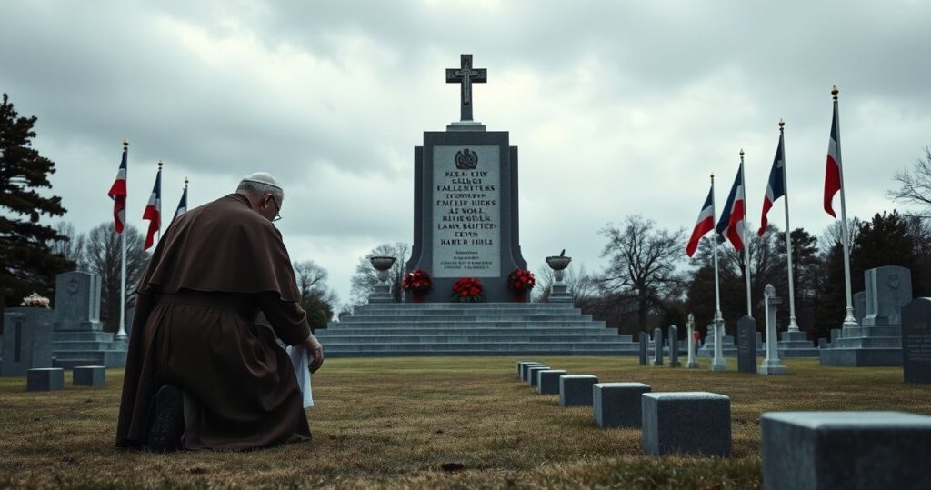 Katolicki kapłan modli się na cmentarzu wojskowym podczas uroczystości, refleksja nad bohaterstwem bez Chrystusa Króla