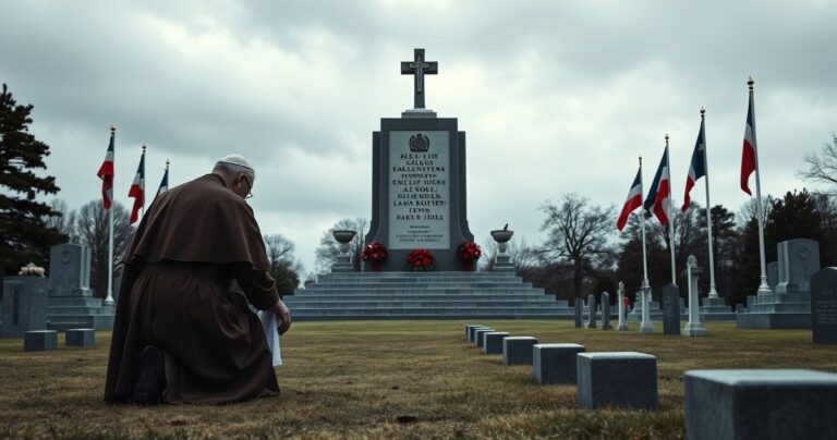 Katolicki kapłan modli się na cmentarzu wojskowym podczas uroczystości, refleksja nad bohaterstwem bez Chrystusa Króla