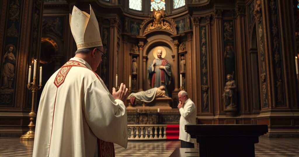 Zdjęcie realistycznego katolickiego kapłana modlącego się przy grobie heretyka w bazylice, wyrażające krytykę modernistycznych odchyleń od wiary katolickiej