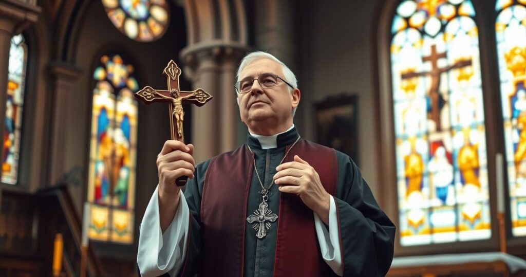 Kapłan katolicki w tradycyjnym stroju w kościele, modlący się z krzyżem, symbolizujący autentyczną wiarę katolicką i tradycyjną liturgię