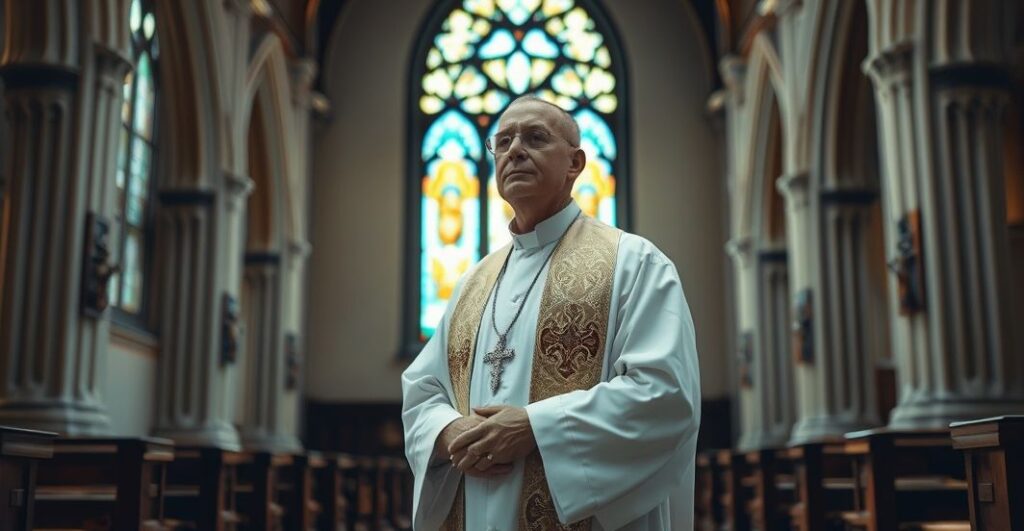 Kapłan katolicki w modlitewnej postawie w zabytkowym kościele, symbolizujący duchowe zagrożenia wynikające z posoborowej zdrady i zanikającego autorytetu Kościoła