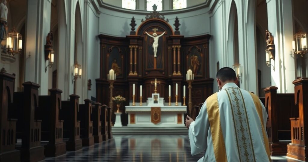 Realistyczne zdjęcie katolickiego kościoła z kapłanem w modlitwie przy ołtarzu, symbolizujące wierną i pełną szacunku duchowość zgodną z tradycją katolicką.