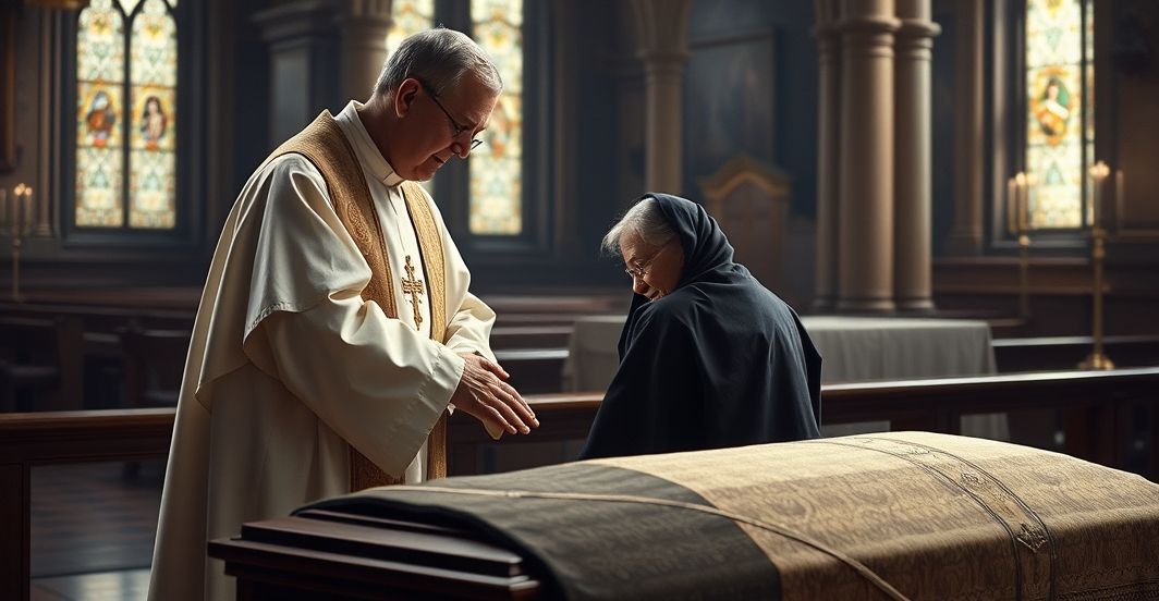 Smutny obraz katolickiego kapłana i żałującej matki w krytyce modernizmu w Kościele Rewersyjny obraz katolickiego kapłana pocieszającego matkę przy ciele, w surowym wnętrzu kościoła, wyraz powagi i wiary, krytyka modernistycznych tendencji w Kościele