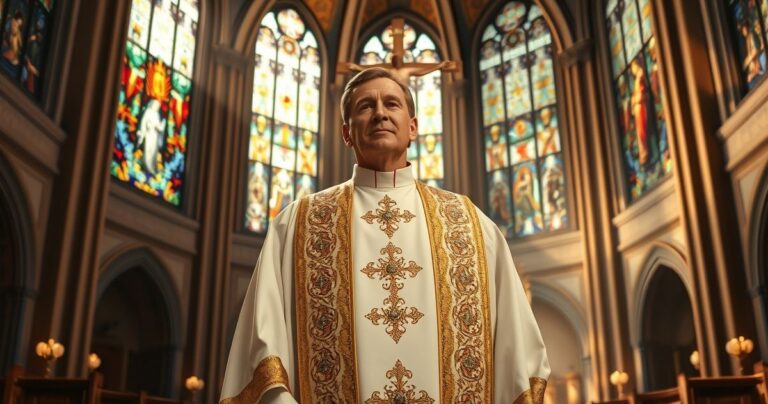 Fotografia realistyczna katolickiego kapłana w sanktuarium, wyrażającego głęboką religijność i oddanie Bogu, z witrażami i krucyfiksem w tle, symbolizująca wierność naukom Kościoła.