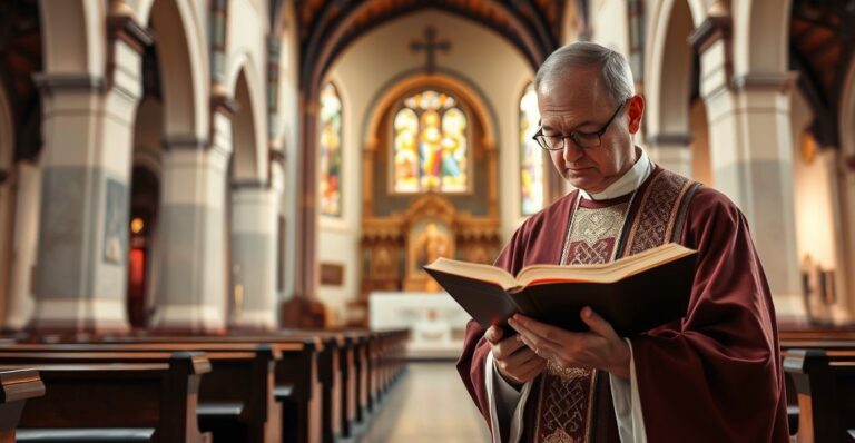 Sanktuarium katolickie z kapłanem w liturgicznych szatach, odczytującym Pismo Święte, ukazujące powagę i tradycyjną wiarę katolicką