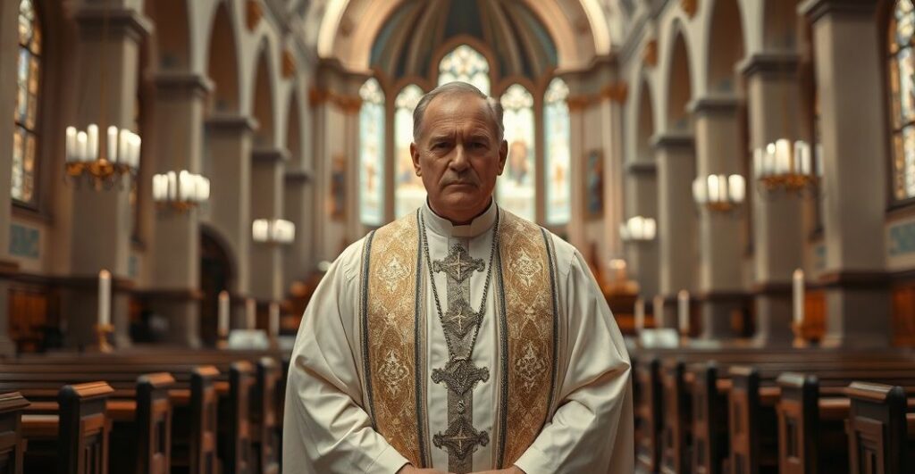 Poważny katolicki kapłan w tradycyjnej liturgii w realistycznym kościele, symbolizujący wierność prawdziwej wierze