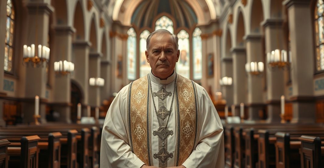 Realistyczny obraz katolickiego kapłana w tradycyjnym kościele Poważny katolicki kapłan w tradycyjnej liturgii w realistycznym kościele, symbolizujący wierność prawdziwej wierze