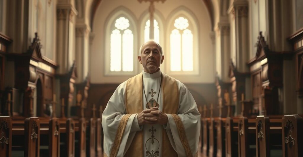 Obraz ukazujący tradycyjnego katolickiego kapłana w świątyni, symbolizujący autentyczną wiarę i hierarchię Kościoła, w kontekście krytyki sekciarskiej kontroli i manipulacji