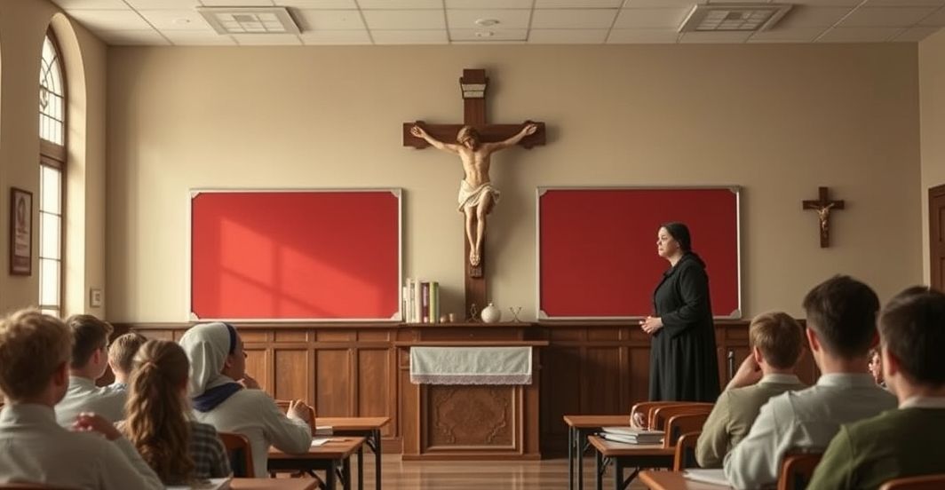 Obraz ukazujący zagrożenia sekularyzacji edukacji z katolickiego punktu widzenia Religia katolicka i Chrystus Król w tradycyjnej szkole, ostrzegając przed sekularyzacją i apostazją