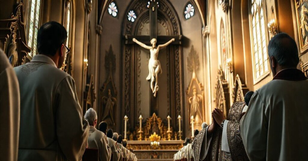 Realistyczne, pełne szacunku zdjęcie katolickiego kapłana modlącego się w tradycyjnej świątyni podczas refleksji religijnej