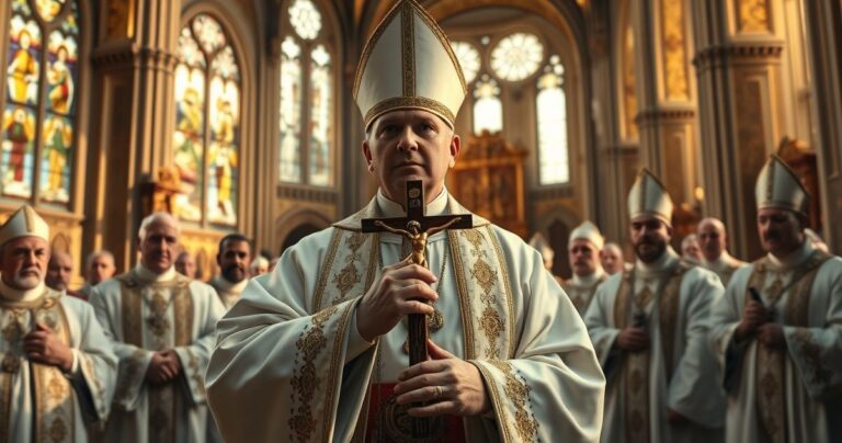 Sanktuarium katolickie z duchownymi w tradycyjnych szatach podczas modlitwy, wyraz głębokiej wiary i powagi