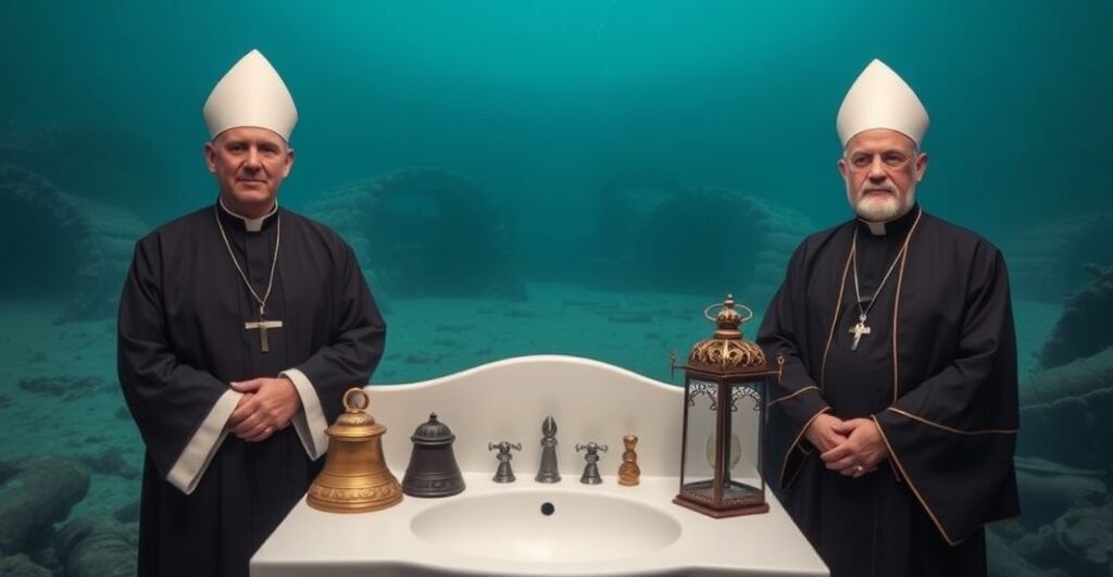 Klercy katoliccy w refleksji nad wrakiem Britannic, symbolizujący upadek religijnej wiary i odrzucenie Chrystusowego panowania