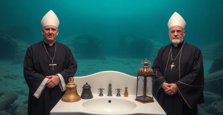 Klercy katoliccy w refleksji nad wrakiem Britannic, symbolizujący upadek religijnej wiary i odrzucenie Chrystusowego panowania