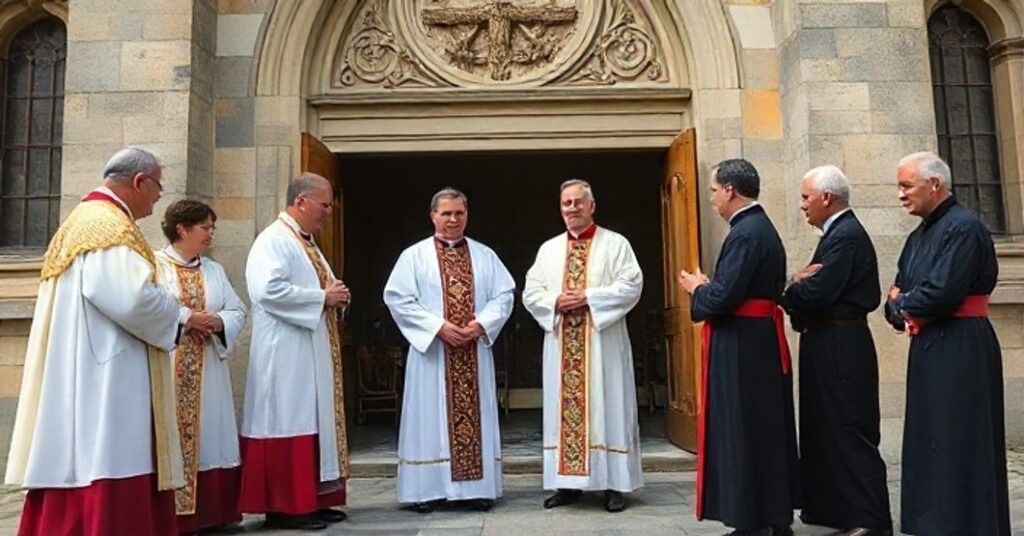 Obraz realistyczny przedstawiający katolickie duchowieństwo i wiernych w tradycyjnych szatach podczas poważnej rozmowy przed kościołem, symbolizujący troskę o wierność naukom Kościoła