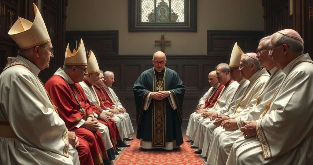 Zdjęcie realistycznego, pełnego szacunku spotkania katolickiego duchowieństwa, ukazującego powagę i wierność tradycji w kontekście krytyki współczesnych nadużyć religijnych