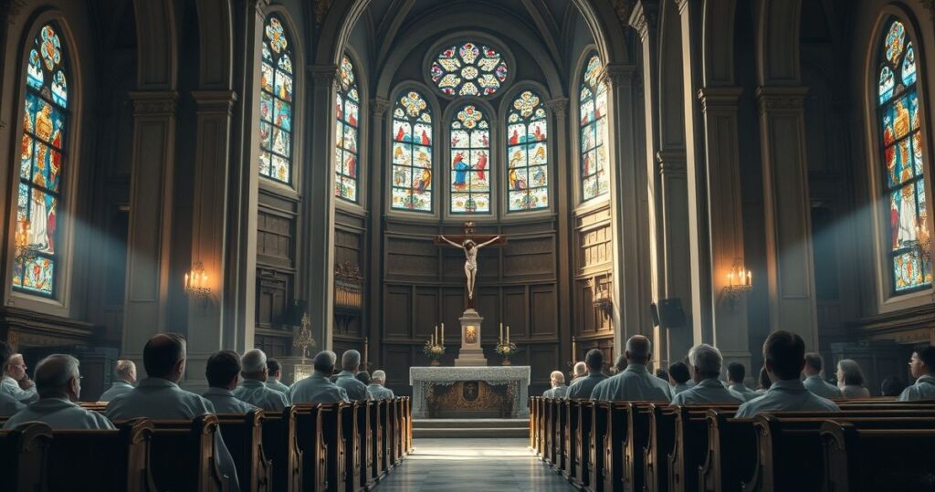 Sentymentalny, realistyczny obraz katolickiej liturgii z duchownymi w kościele, ukazujący pokorę i oddanie wobec Krzyża, symbolizujący krytykę amerykańskiej idolatrii i odwrócenia od Boga