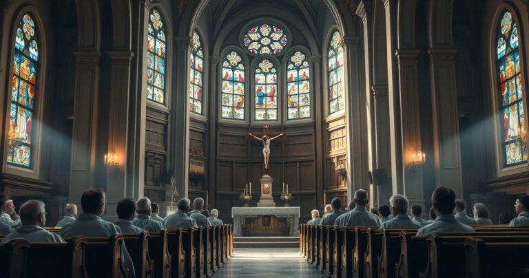Sentymentalny, realistyczny obraz katolickiej liturgii z duchownymi w kościele, ukazujący pokorę i oddanie wobec Krzyża, symbolizujący krytykę amerykańskiej idolatrii i odwrócenia od Boga