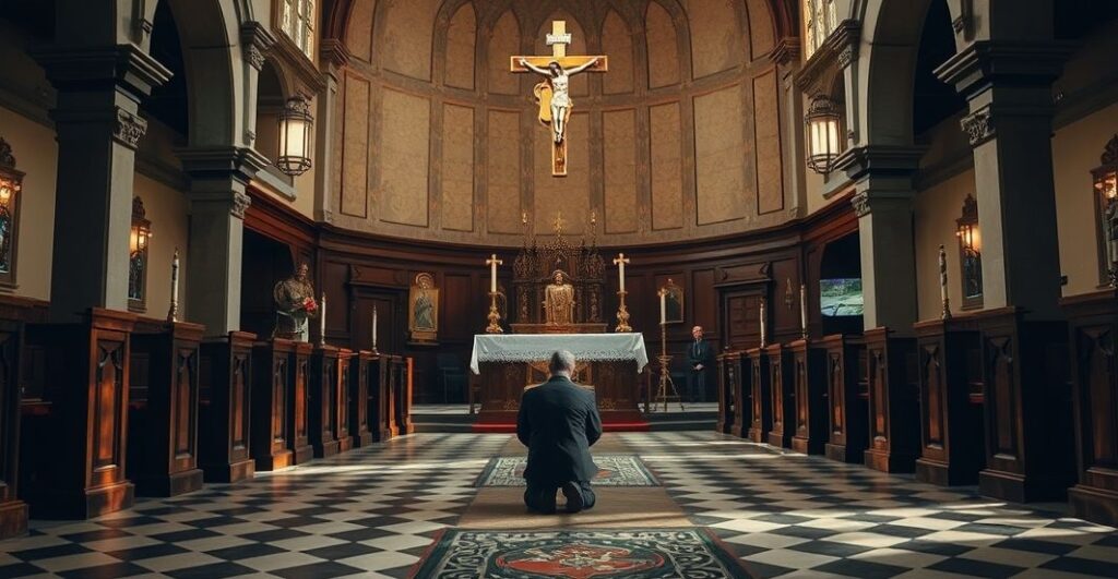 Obraz tradycyjnego katolickiego wnętrza kościoła z ołtarzem i wiernymi modlącymi się w głębokiej pobożności, symbolizujący potrzebę powrotu do autentycznej wiary w obliczu chaosu społecznego