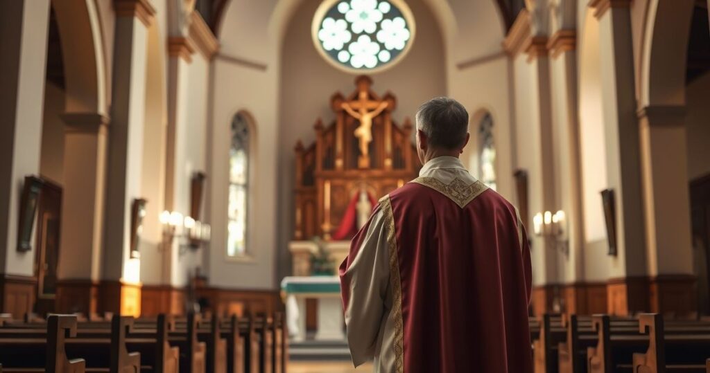 Realistyczny obraz katolickiego kościoła z wiernymi modlącymi się przy ołtarzu, oddający duchową powagę i tradycyjny katolicki klimat.