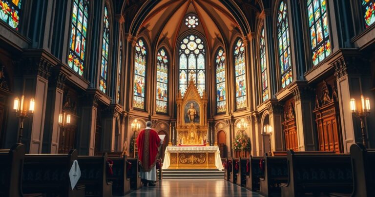 Tradycyjny katolicki kościół z kapłanami w liturgicznych szatach podczas modlitwy, podkreślający powagę i wiarę