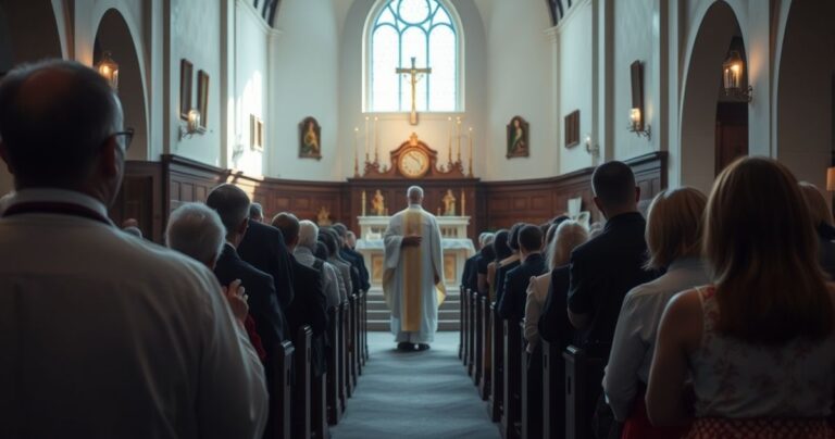 Realistyczne zdjęcie katolickiego kościoła z kapłanem i wiernymi w modlitwie, symbolizujące potrzebę Królestwa Chrystusa w obliczu kryzysu moralnego