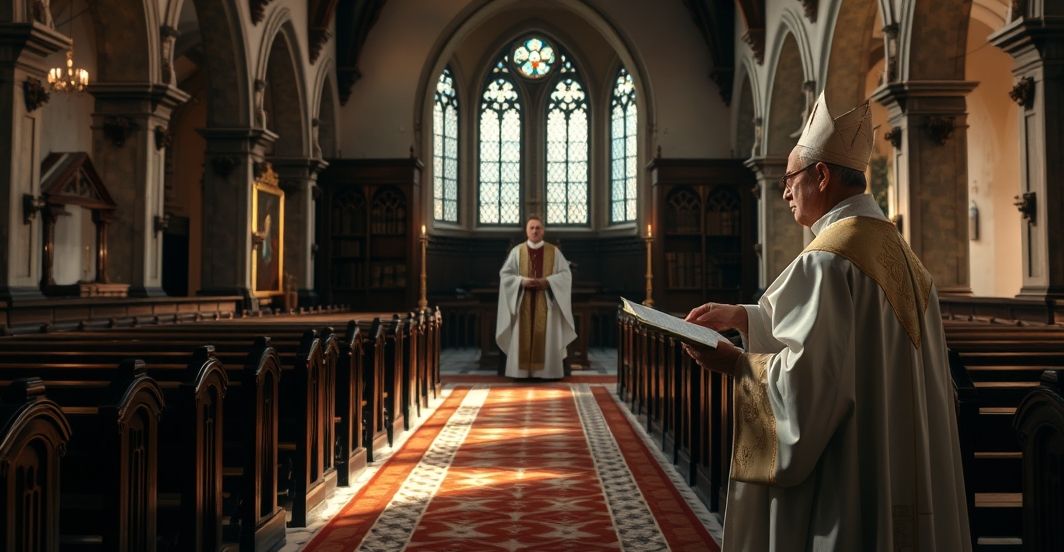 Obraz tradycyjnego katolickiego kościoła z kapłanem modlącym się, ukazujący sens świętości i moralnej autorytetu w kontekście krytyki współczesnych zmian prawnych i społecznych