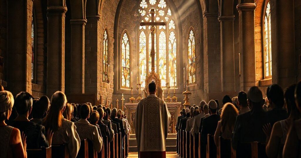 Religijna scena w katolickim kościele z kapłanem, wiernymi i krzyżem, symbolizująca katolicką wierność i sprzeciw wobec ekumenicznej synkretyzacji