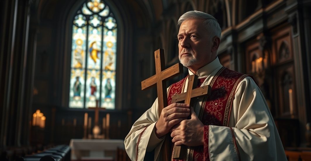 Obraz tradycyjnego katolickiego kościoła z kapłanem trzymającym krucyfiks, symbolizujący moralną powagę obrony życia w obliczu nowoczesnych ataków prawnych