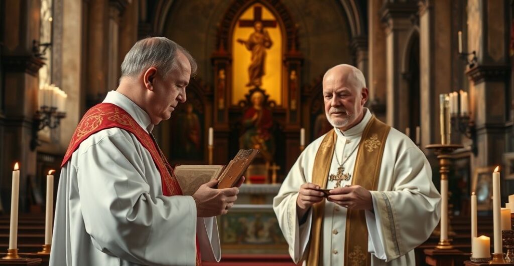 tradycyjna katolicka świątynia z kapłanem trzymającym relikwię św. Maksymiliana Kolbego, w nastrojowej atmosferze, podkreślająca powagę i wierność tradycyjnym wartościom katolickim